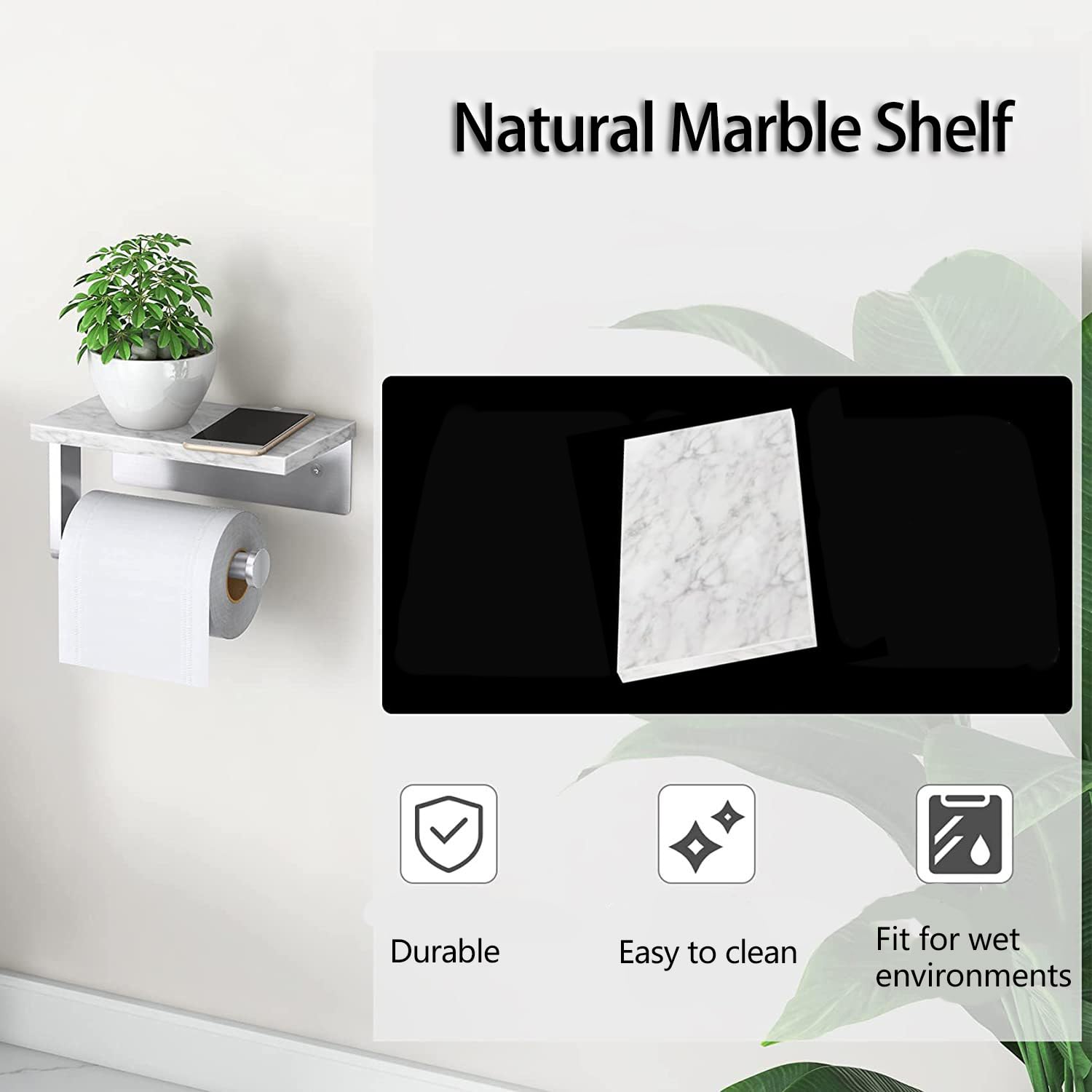 Inless - Soporte de acero para papel higiénico con estante de mármol blanco, autoadhesivo, montaje de tornillo, soporte para rollo de pañuelos de papel higiénico para baño y baño, Sto Solut (cepillo h