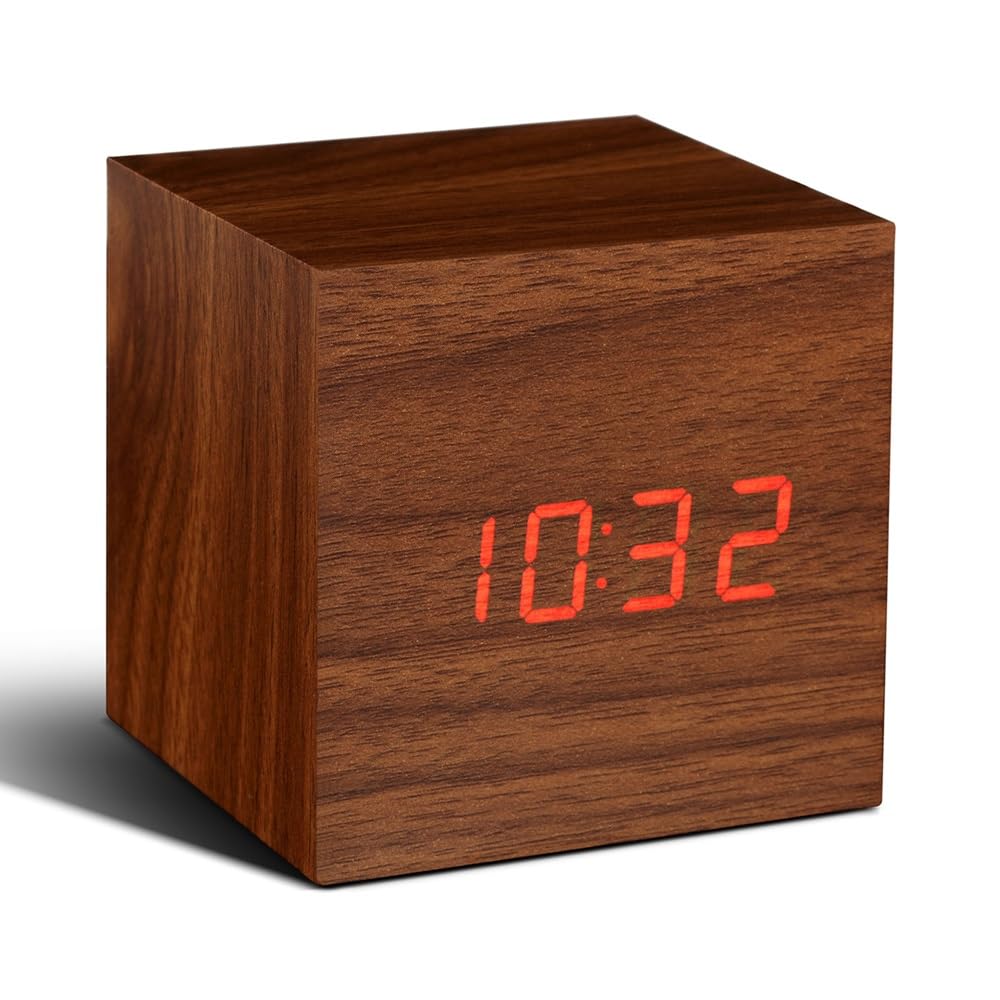 GingkoBrown Cube Walnut Click Clock with Red LED