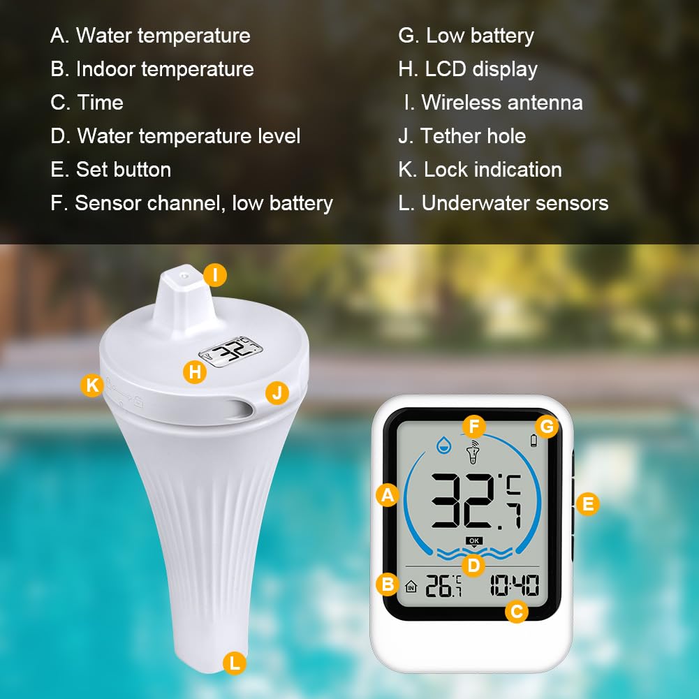 OFFCUP Thermomètre Piscine Flottant Sans Fil IP67 Étanche Numérique Intérieur Extérieur