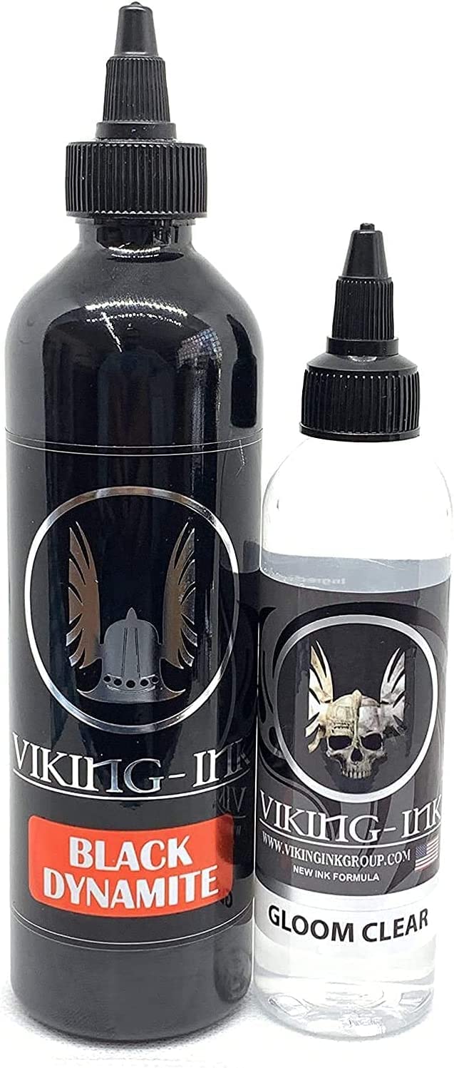 VIKING INK - KIT BLACK DYNAMITE 8oz (240ml) + MIXER GLOOM CLEAR 4oz (120ml) - Tinta para Tatuaje