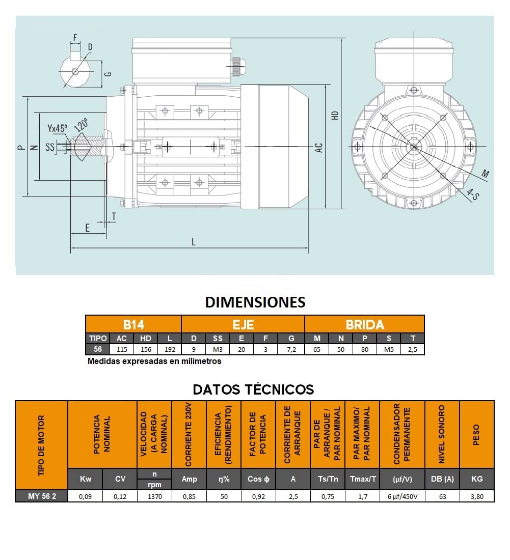 MOTOR ELECTRICO CEMER MONOFASICO 1500 RPM 230V 0,09KW / 0,12CV TAMAÑO 56 Ø DEL EJE 9mm BRIDA B14 80mm ARRANQUE MEDIO