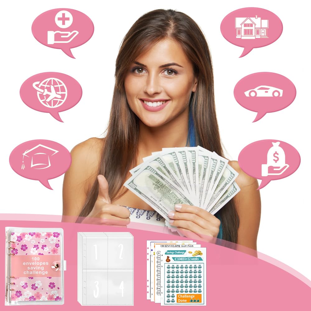 A5 Raccoglitore per Risparmiare Denaro con Buste Trasparenti, Diario Money Saving, Risparmio Divertente €10000/€5050/€500 - Rosa