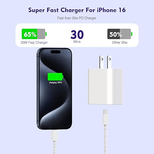 Miniatura 3 de Paquete de 3 Cargador largo de 10 pies para iPhone 17 16e 15, bloque de cargador de pared de carga rápida de 20W, cable trenzado tejido USB C a C de