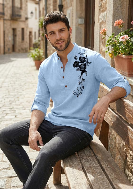 Image of Zombom Men's Cotton Polyester Blend Mandarin Collar Self One Design Printed Full Sleeve Regular Fit Casual Short Kurta