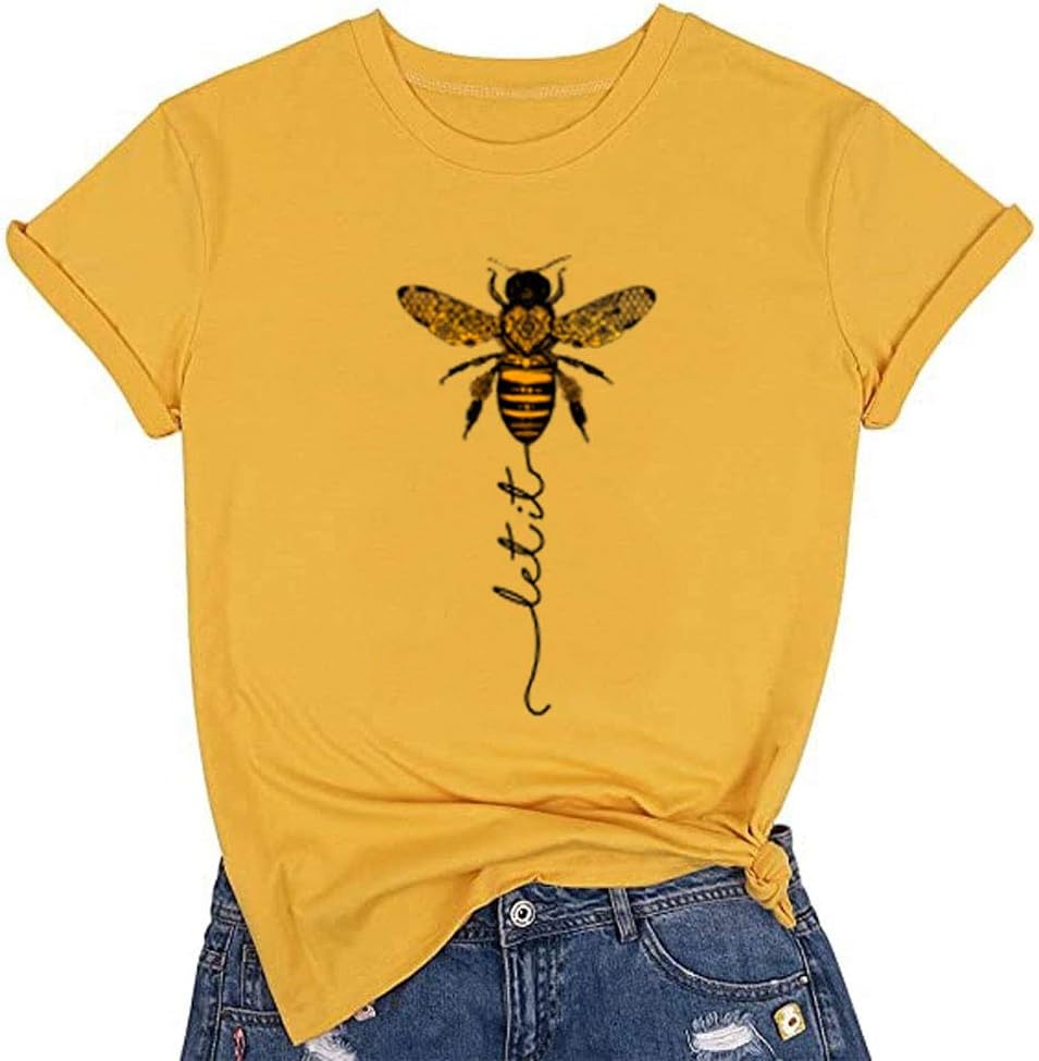 SnogisaBee Kind Tshirt Women Summer Short Sleeve Let It Bee Round Neck Funny Letter Graphic Casual Tee Shirt & Blouse