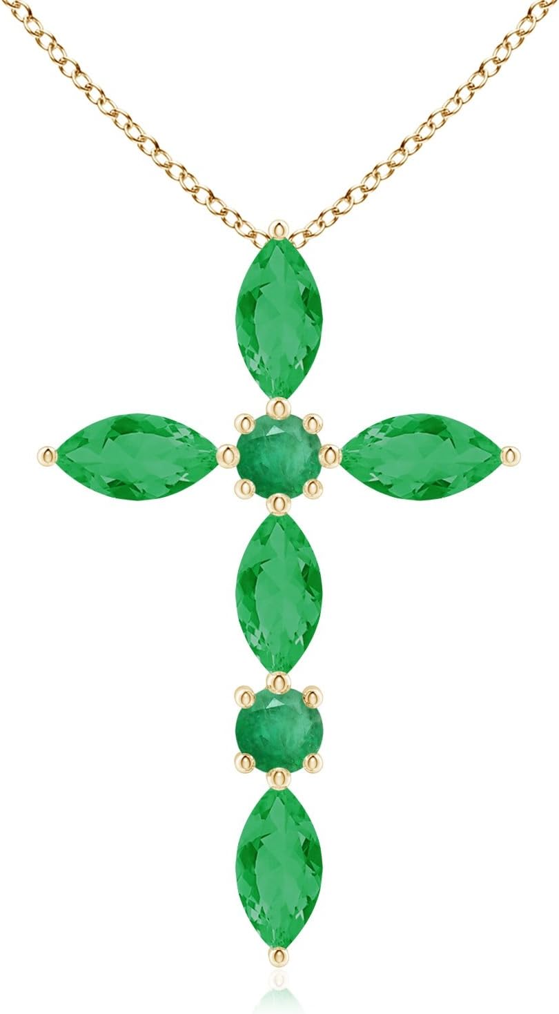 Angara Natural Emerald Pendant for Women | Marquise and Round Emerald Cross Pendant in 14K Solid Gold/Platinum With 18" Chain | May Birthday, Anniversary, Gemstone Jewelry Gift