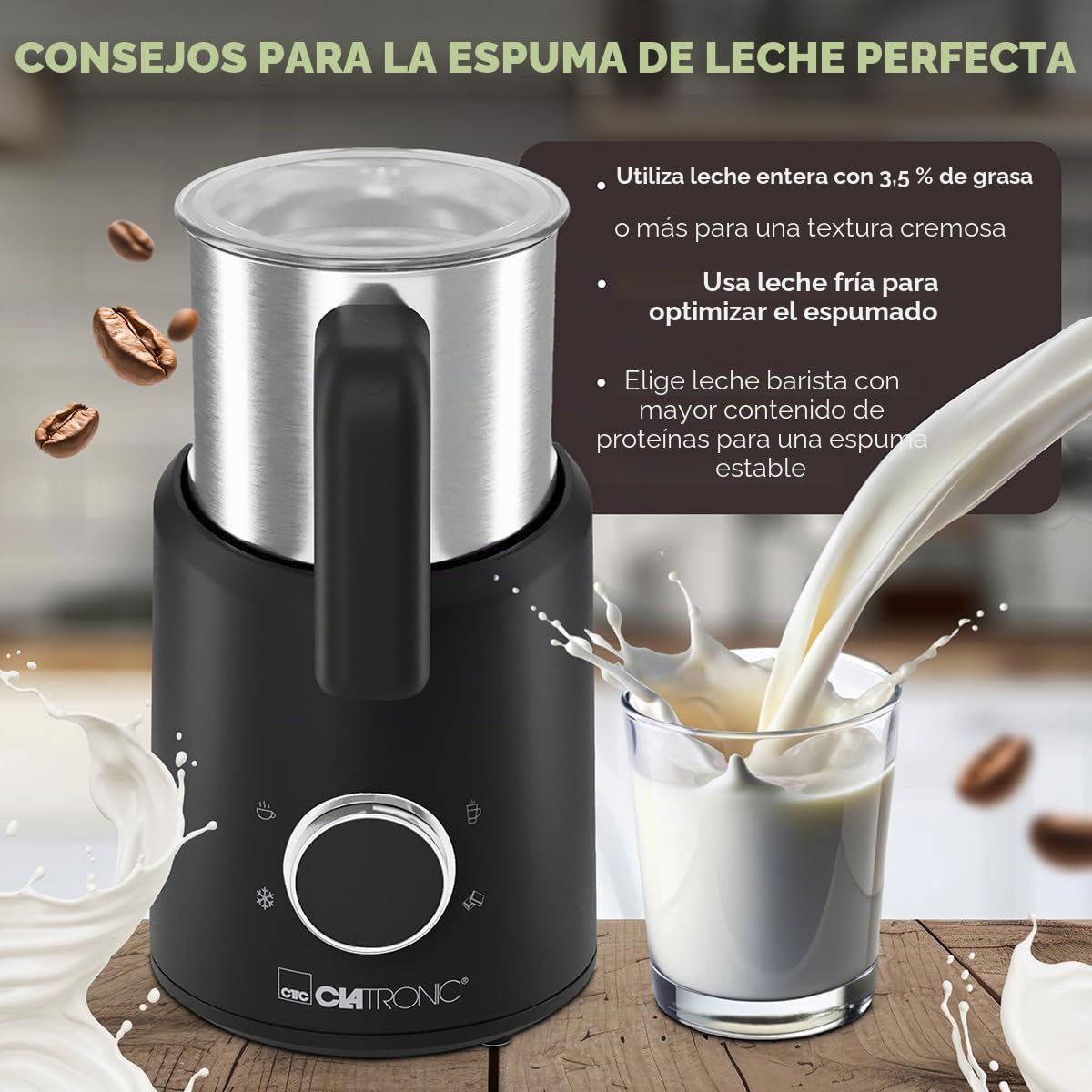 Clatronic® Espumador de leche eléctrico | con función de calentamiento | espuma caliente y fría | para una espuma espesa y cremosa | 740ml | espumador de leche eléctrico | MS 3812