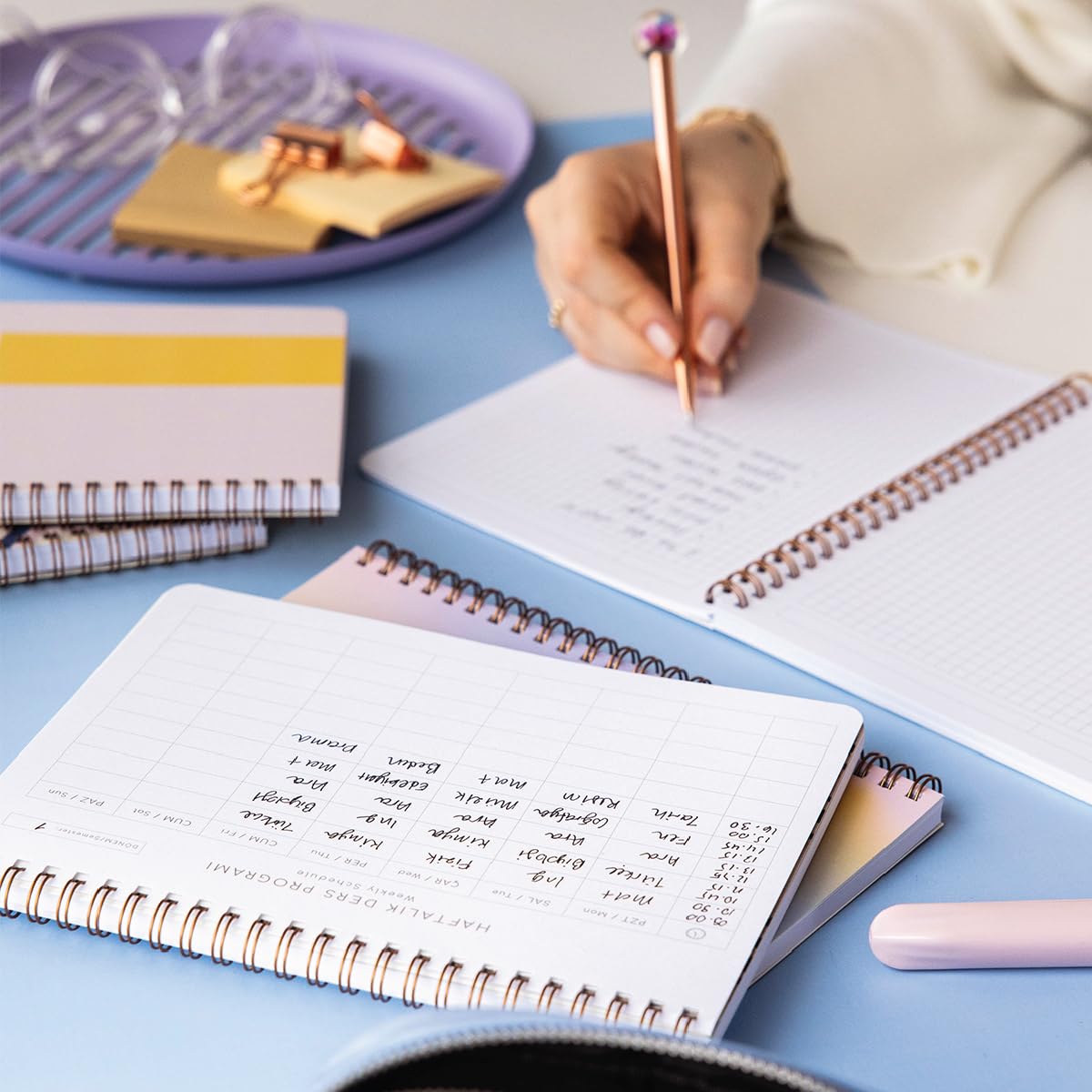 PAPERORA A5 Spiralli Karton Kapak Kareli Okul Defteri 80 yaprak 4'lü Set - Ders Programlı - Renkli