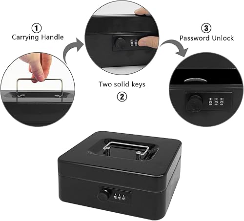 Miniatura 6 de Caja de efectivo de acero seguro con cerradura de combinación y bandeja extraíble, organizador de dinero de metal para uso doméstico y oficina