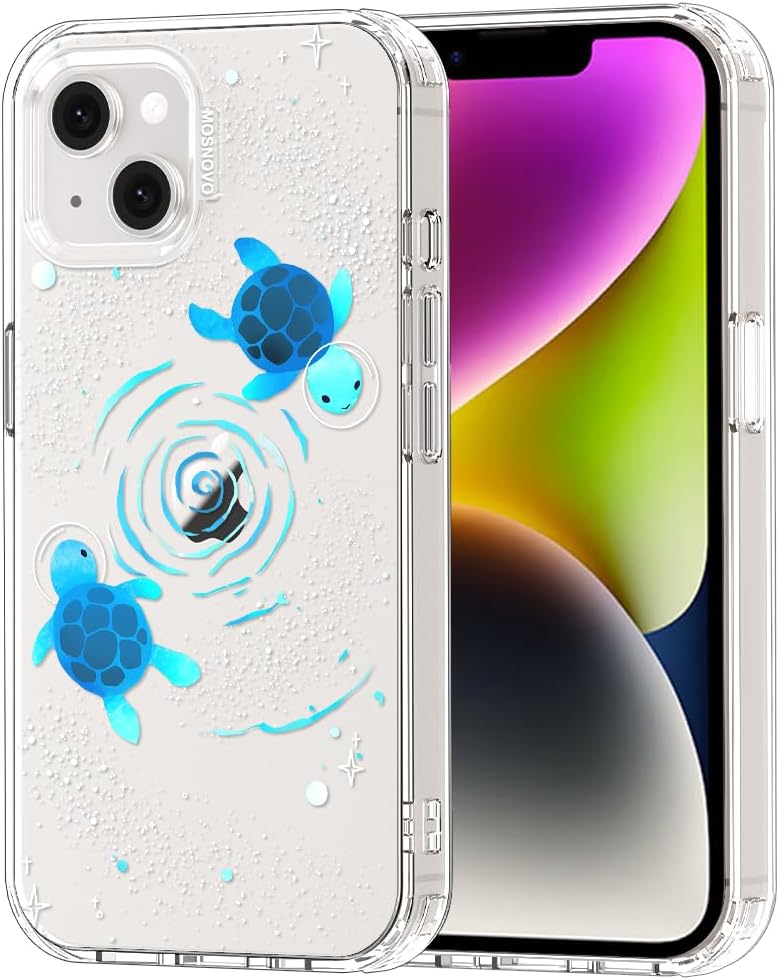 Case for iPhone 13/14, [Buffertech 6.6ft Military-Grade Drop Protection] [Anti Peel Off Tech] Clear TPU Bumper Phone Case Cover Design - Space Turtle