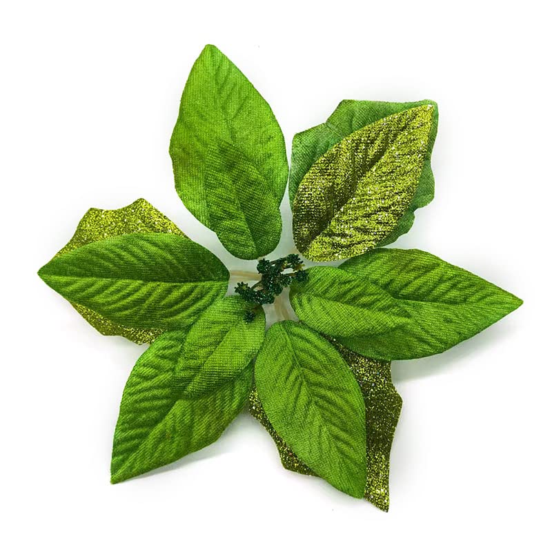 MISNODE 20 Pcs Christmas Glitter Poinsettia Flowers Christmas Tree Ornaments, 22 X 22cm Artificial Poinsettia Flowers Wreath Christmas Tree Ornaments, Green