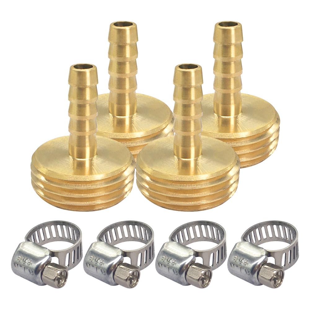 Hooshing 4PCS Garden Hose Male Connector 1/4" Barb to 3/4" GHT Male Brass Water Hose End Mender Adapter with Stainless Clamps โ image 1