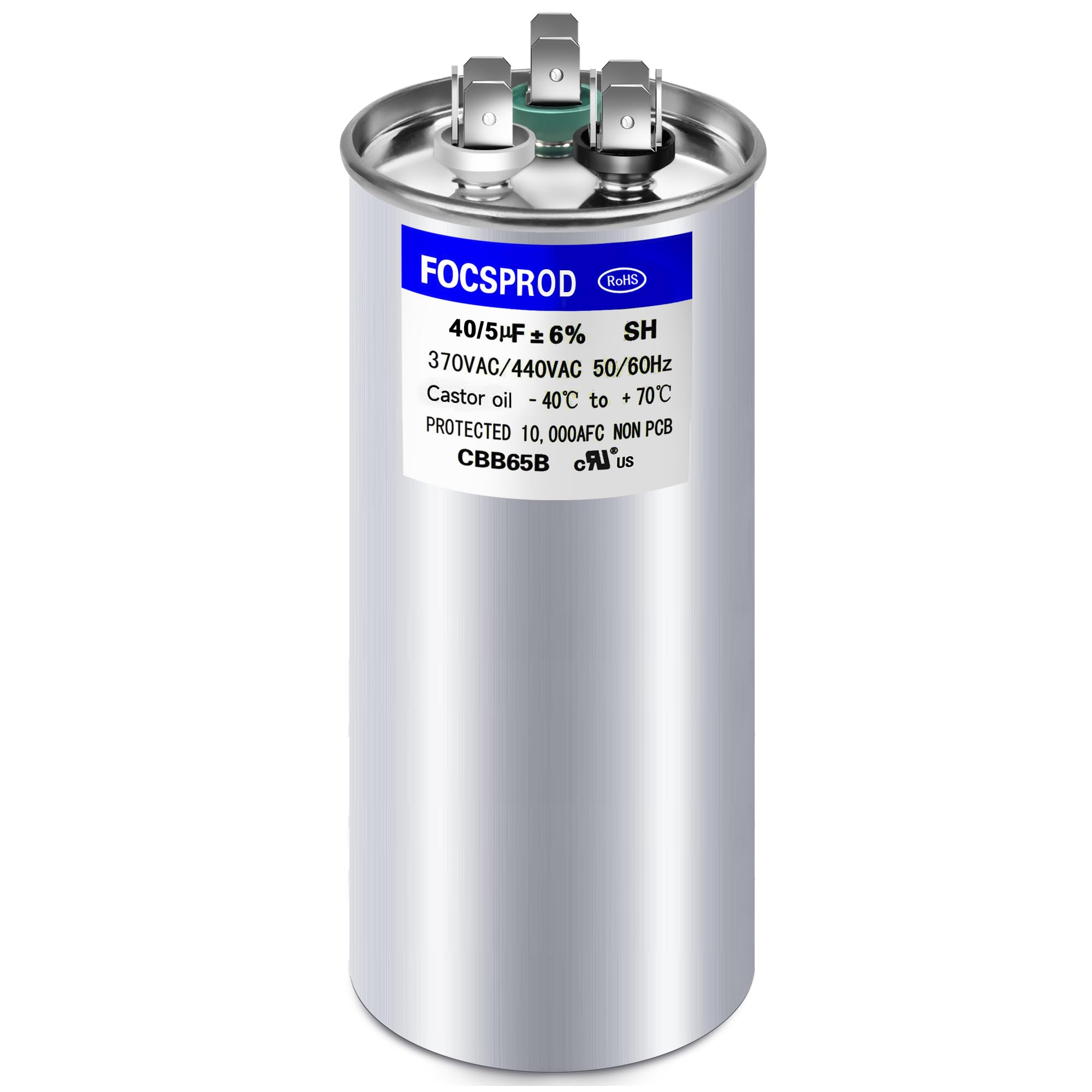 Photo 1 of [UL Recognized] FOCSPROD 40+5 uF 40/5 MFD ±6% 370V/440V CBB65 AC Capacitor, Dual Run Round Capacitor Replacement, 40 5 uF 440 Volt HVAC for AC Unit Fan Motor Start or Heat Pump or Condenser Straight