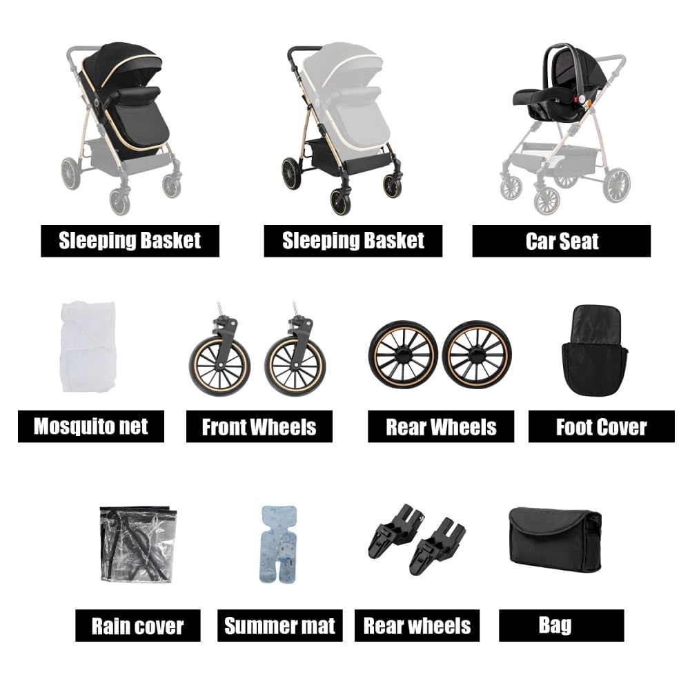 Kinderwagen 3 in 1 Premium System mit Autositz, UPF 50+ Sonnenschutz, Schwarz