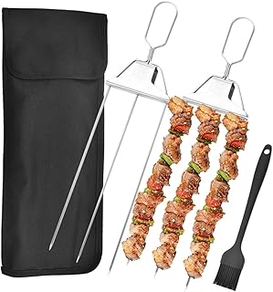 Ricife 3 Way Grill Skewers, Metal Skewers for Grilling, Easy to Use Push Bar Slider, BBQ Accessory, Perfect for Meat, Veggies, Fruits (2 PCS+Oxford Storage Bag+Silicone Brush)