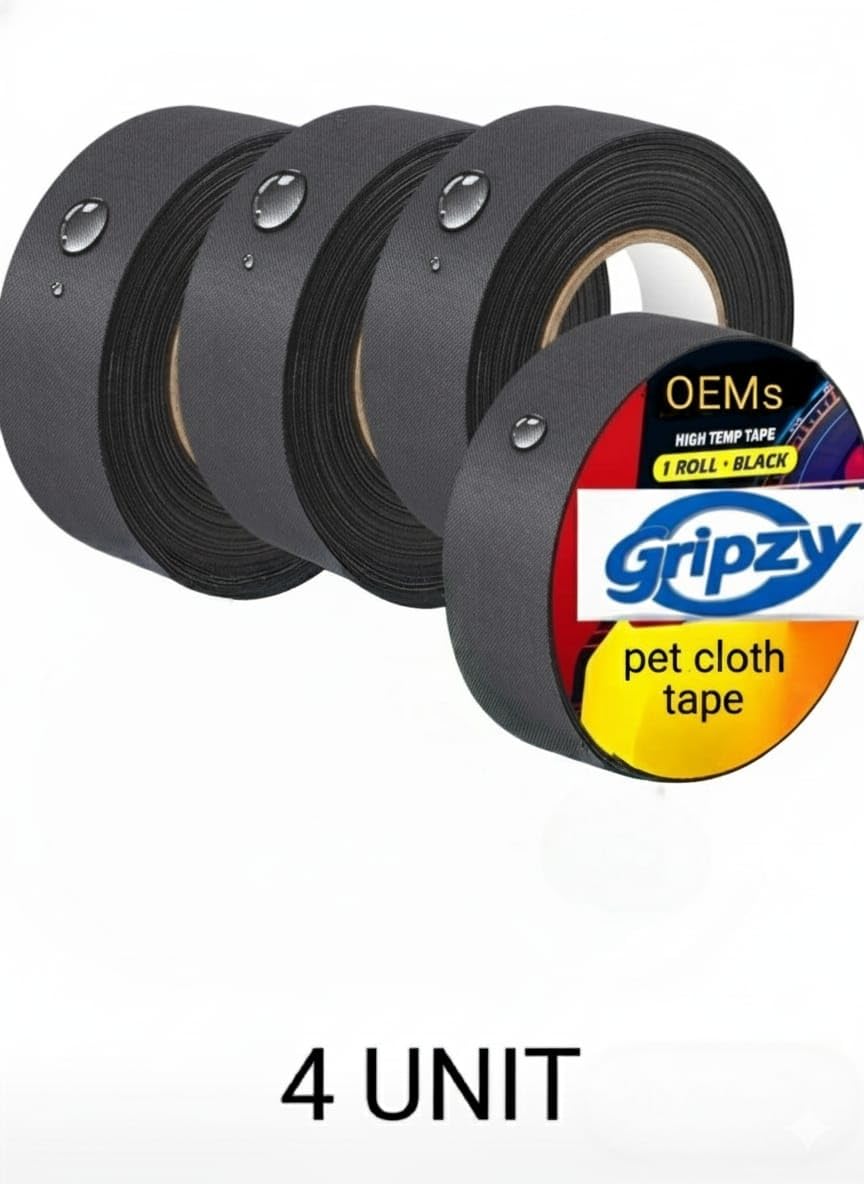 Gripzy Pack of 4 Automotive Wiring Harness PET Fibre Cloth Tape (19mm x 50ft) | 0.20mm (200 Micron) Thick | -40°C to +180°C Heat Resistant, Waterproof, Fire & Noise Dampening. 2