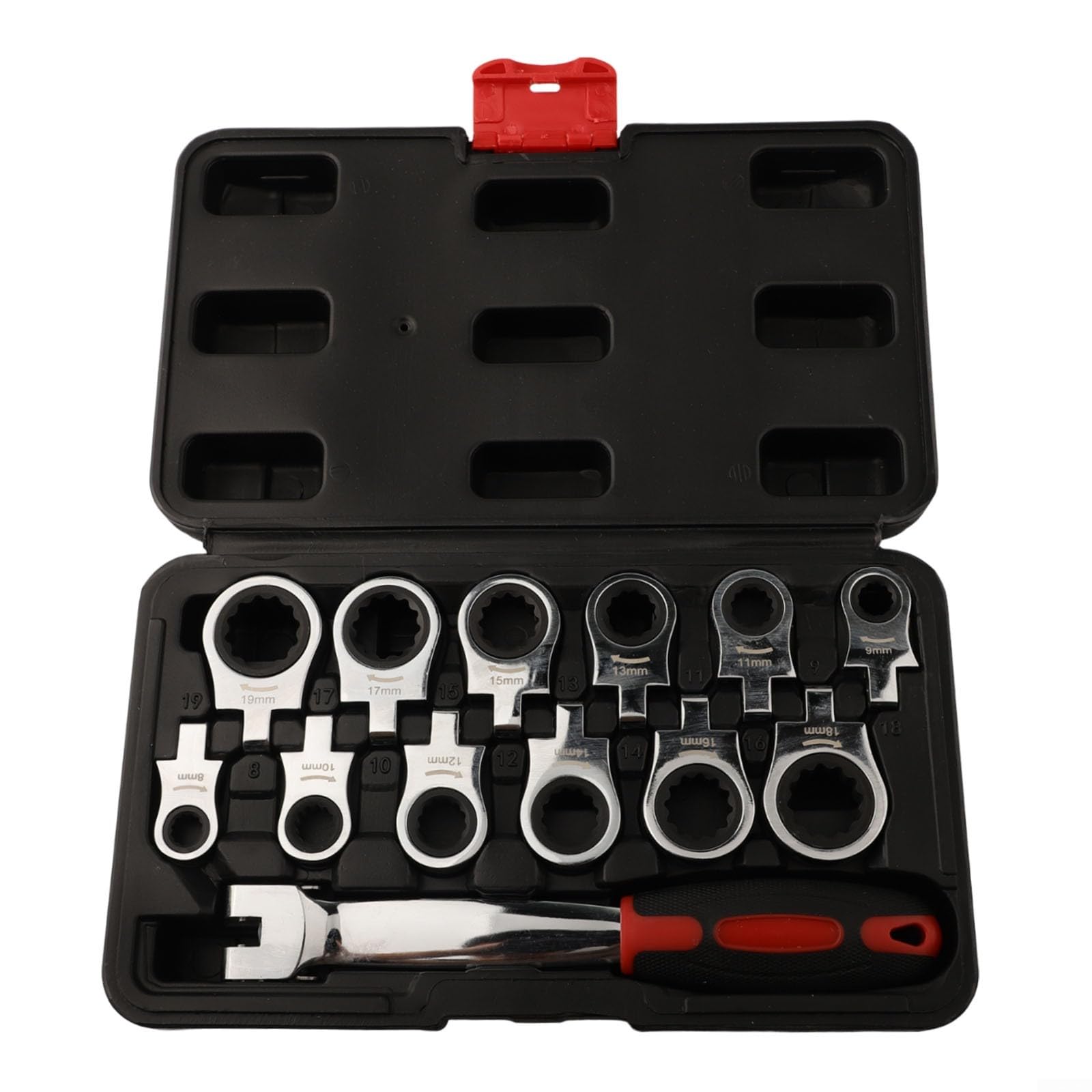 Set di 12 chiavi combinate a cricchetto con testa intercambiabile con manico in metallo, 8-19 mm, per officine meccaniche professionali