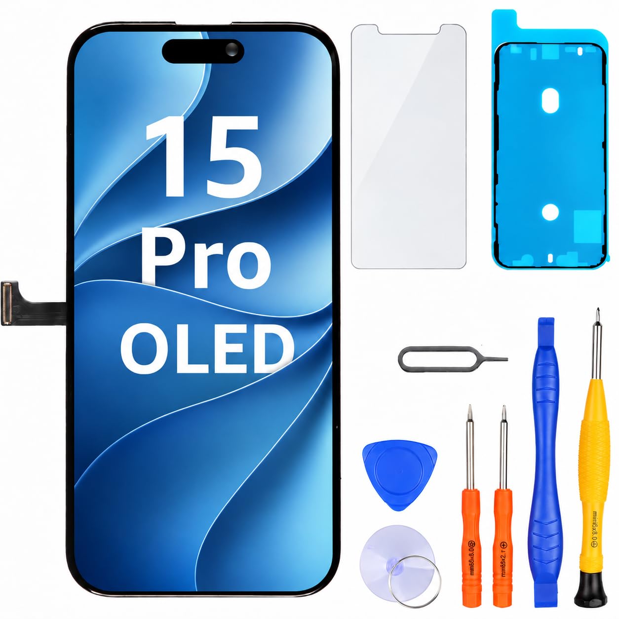 LL TRADER Schermo per iPhone 15 Pro OLED 6,1'' e Kit di Riparazione | Display FHD con 3D Touch e Digitalizzatore, Dotato di Nastro Adesivo Impermeabile e Pellicola Protettiva