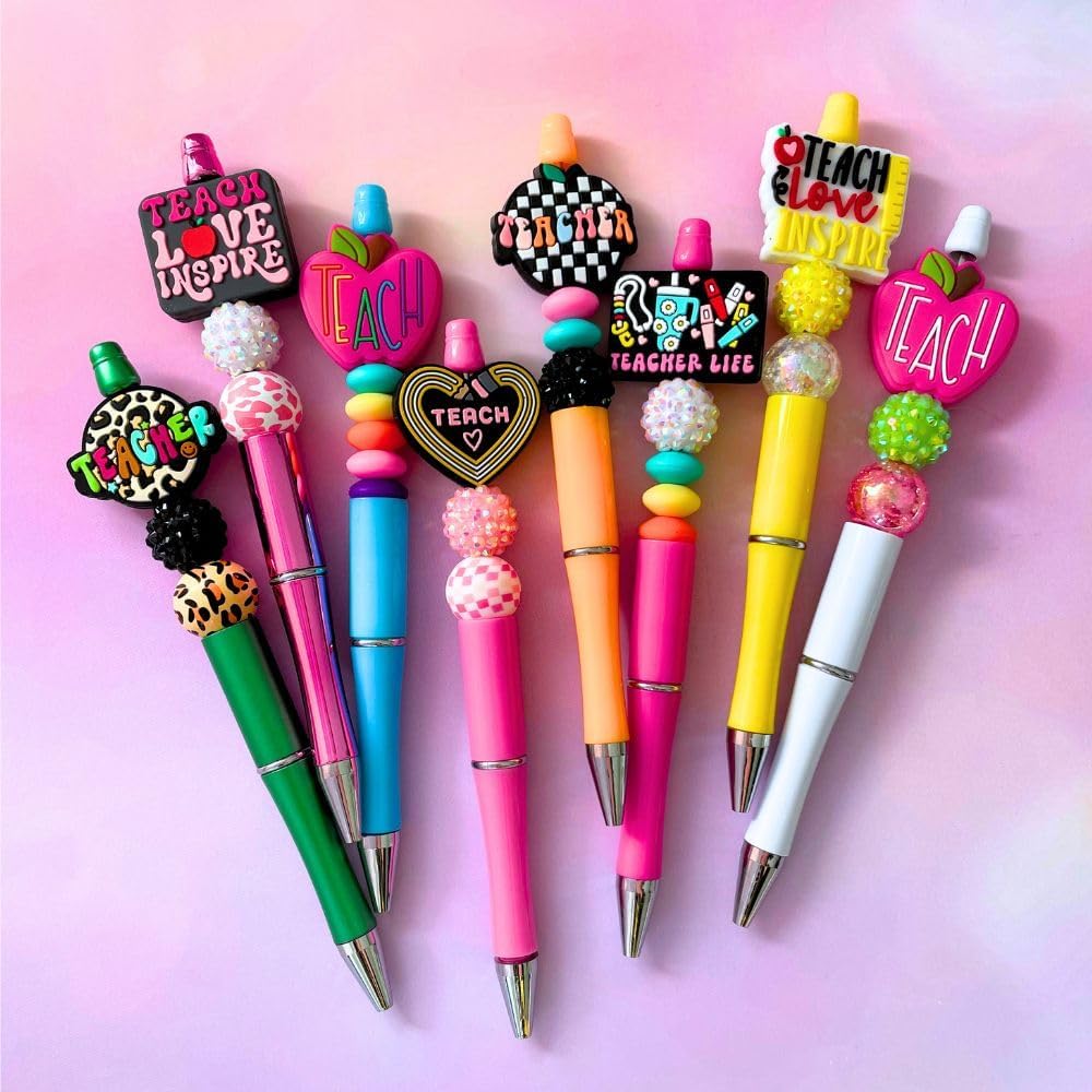 8PC Teacher Beaded Pens Ballpoint Black Pen Set Assorted Cute Stylish Colorful Writing Kit Office Supply Bulk Accessory Pack Gift Bundle Stationery Supplies for Women Teach Love Inspire Appreciation - Image 4