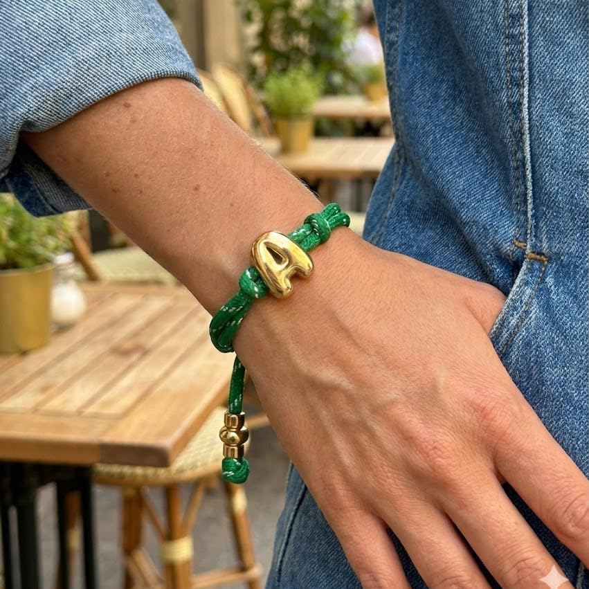 VLINRAS Green Knotted Bracelet Bubble Initial Bracelet Rope Knotty Puffy Letter Charm Personalized Jewelry - Image 6