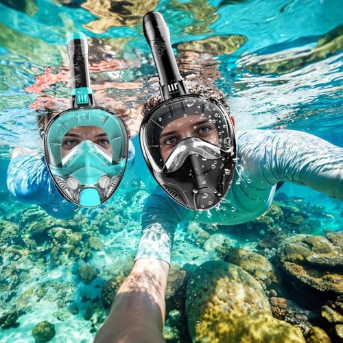 Full Face Snorkel Mask for Adults Teen, Snorkeling Gear with Detachable Camera Mount,Panoramic 180° View, Anti-Fog Anti-Leak Snorkling Set for Man and Women (Black Green+Black-L/XL)