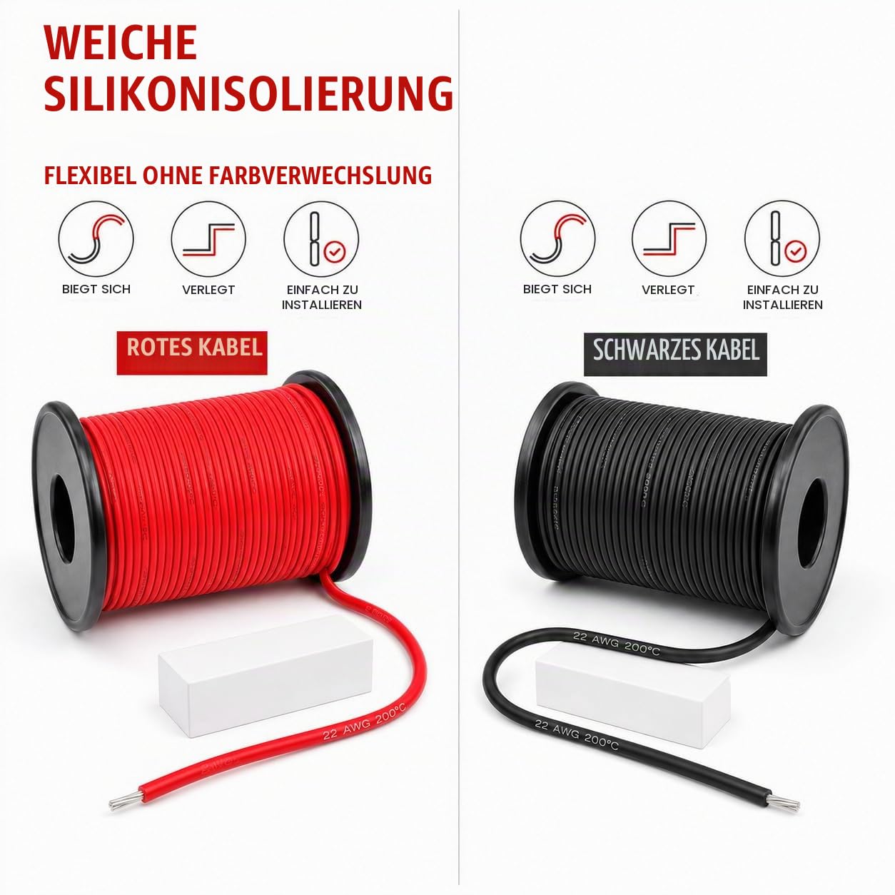 TUOFENG 22 AWG Elektrokabel [61 Meter schwarzer Draht und 61 Meter roter Draht] Flexibler Silikondraht 22 Gauge Litzendraht Kabelspule aus verzinntem Kupferdraht