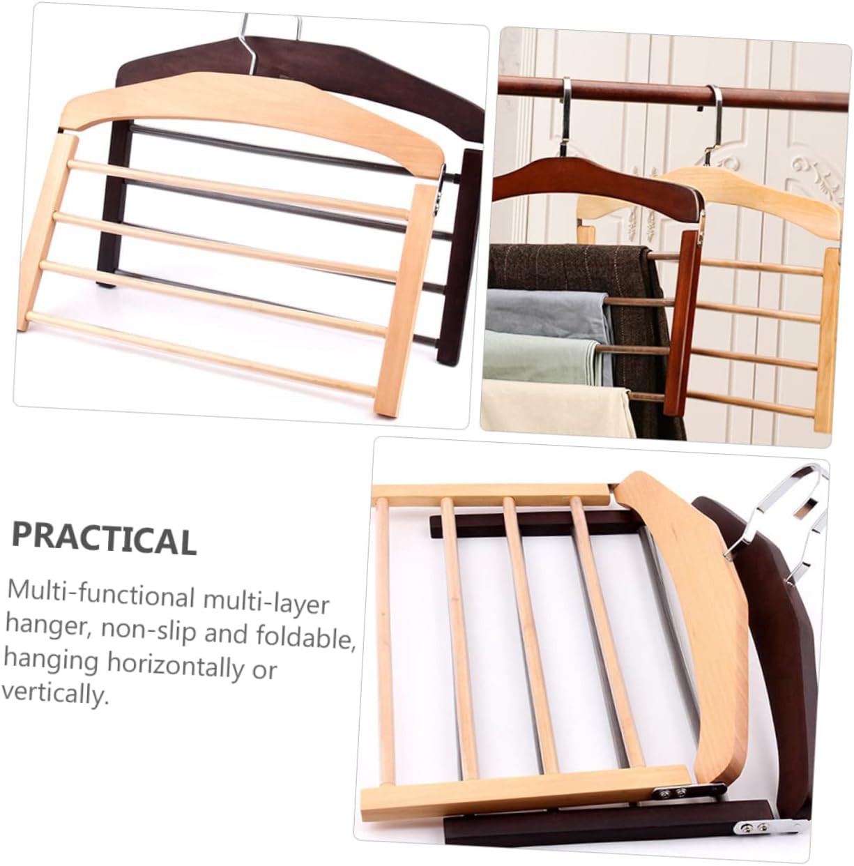 1pc Multifunctional Non-Slip Wooden Pants Drying Hanger Rotatable Hooks Space-Saving Multi Design for Jeans Trousers Scarves and Accessories