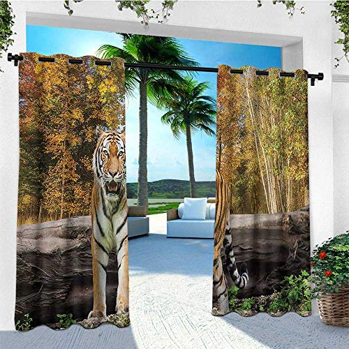 leinuoyi Safari, Sun Zero Outdoor Curtains, Tiger in The Forest Standing and Gazing at The Camera Asian Beast Habitat Picture, for Patio Furniture W96 x L96 Inch Brown Orange