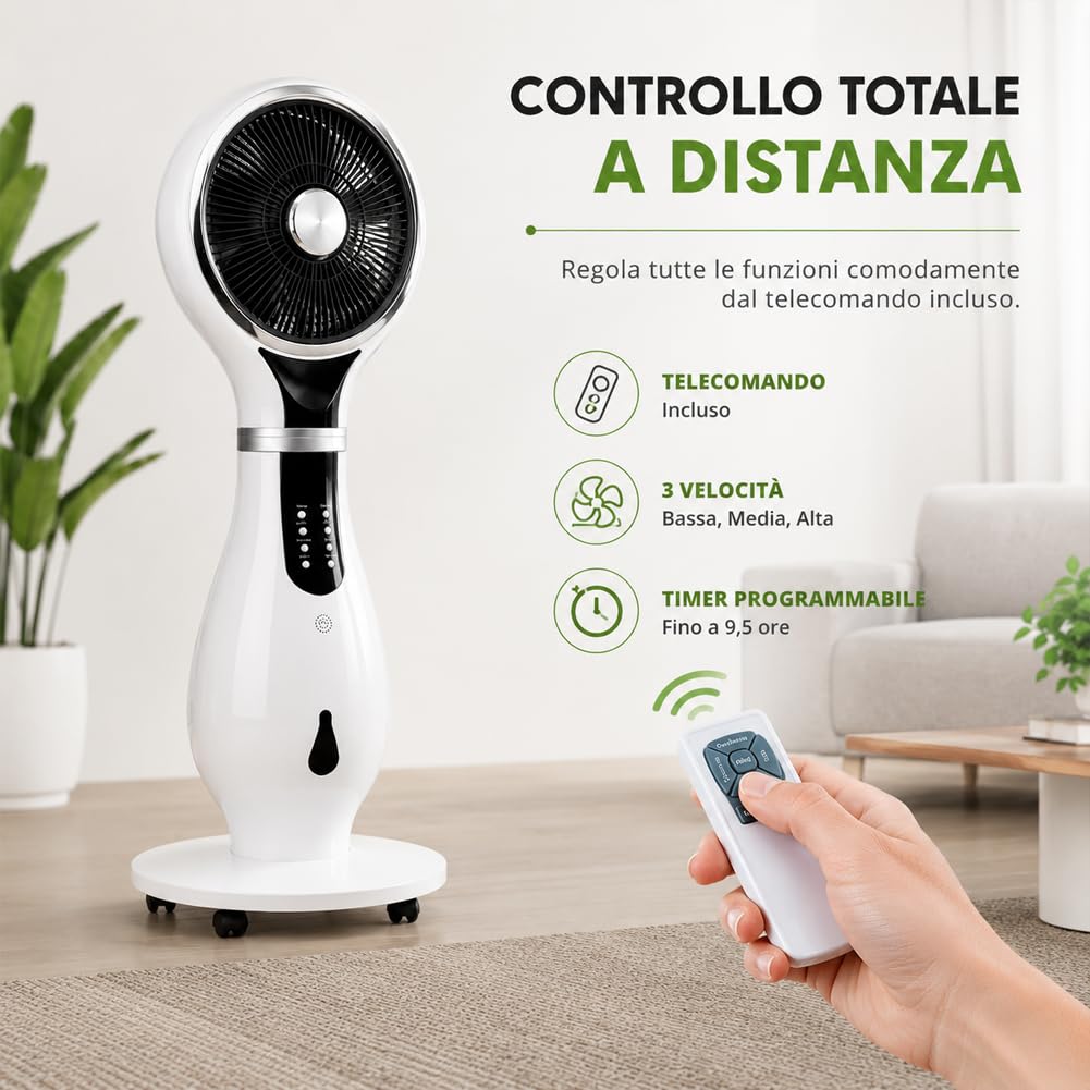 BAKAJI Ventilatore con Ruote a Piantana 80W Combinato 3in1 LED Display con Umidificatore, Anti Zanzare e Funzione Ionizzatore, Air Fun Diametro 40 cm e Alt. 110cm, Spegnimento Automatico, Telecomando