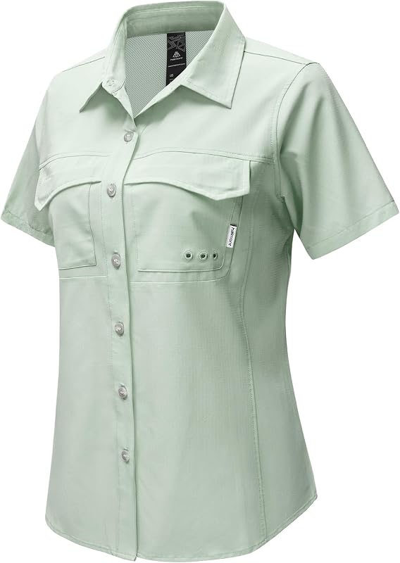 Haimont Women's UPF 50+ Short Sleeve Hiking Button Down Shirt | Quick-Dry Woven, Mesh Back Vents, 2 Front Pockets, Hem Cleaning Patch, Fishing & Travel