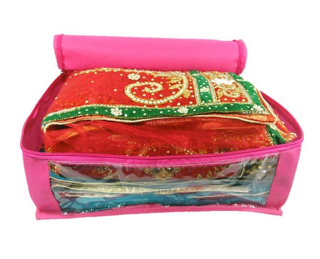 Atorakushon Fabric Combo Saree Cover Blouse Clothes Storage Bag Wedding Wardrobe Organiser Set of 6 (Pink) 1