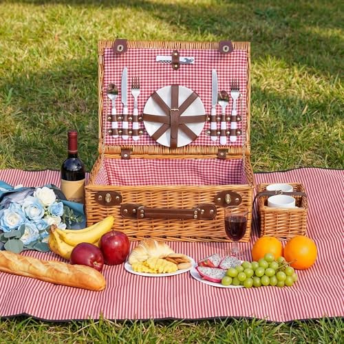 Image of Multifunctional Wicker Picnic Basket Set for 2 Adults with Picnic Table and Blankets,Large Insulated Picnic Set with Wine Pouch and Full Tablewares for Camping Outdoor Couples Beach Wedding,Pink