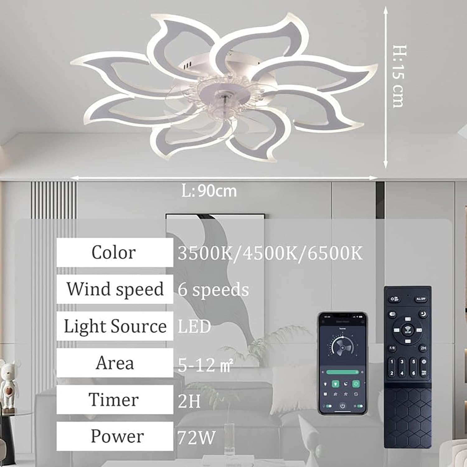 Grande Ventilateur de plafond LED réglable avec lumière réversible moderne et télécommande silencieuse, 6 vitesses, blanc