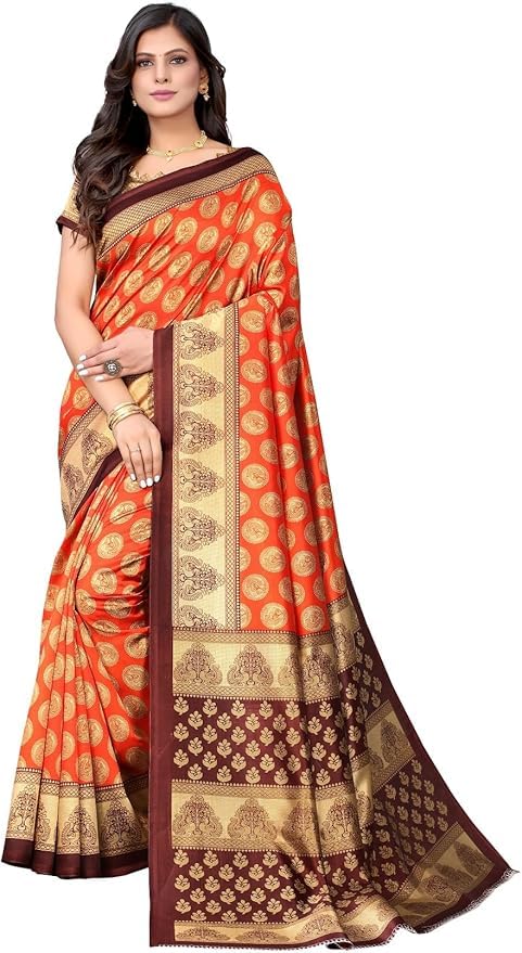 IMTRA FASHION Sari De Seda De Arte Impreso Naranja Tradicional Indio Con Pieza De Blusa SELENA ORANGE