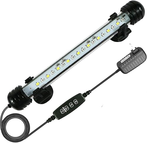 MingDak - Luz LED sumergible para acuario con temporizador de encendido y apagado automático, barra de luz LED blanca y azul, 3 modos de luz,