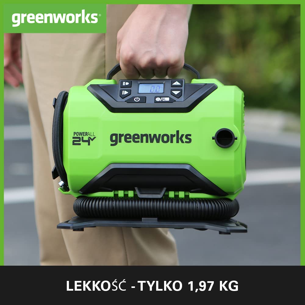 Greenworks GD24IN Inflator i Deflator Akumulatorowy, 11 barów, Niskie Lub Wysokie Ciśnienie, Automatyczne Wyłączanie z 3 Adapterami i Wężem 0,5 m BEZ Baterii i Ładowarki 24V