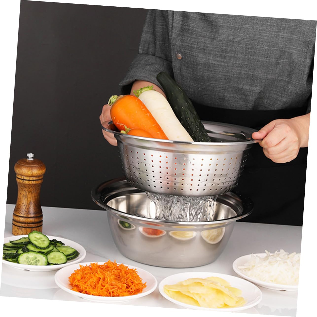 ABOOFAN Rallador y Cortador de Verduras de Cocina de Pelador y Rebanador para Lavabo y Preparar Ensaladas Cuenco de Acero Inoxidable