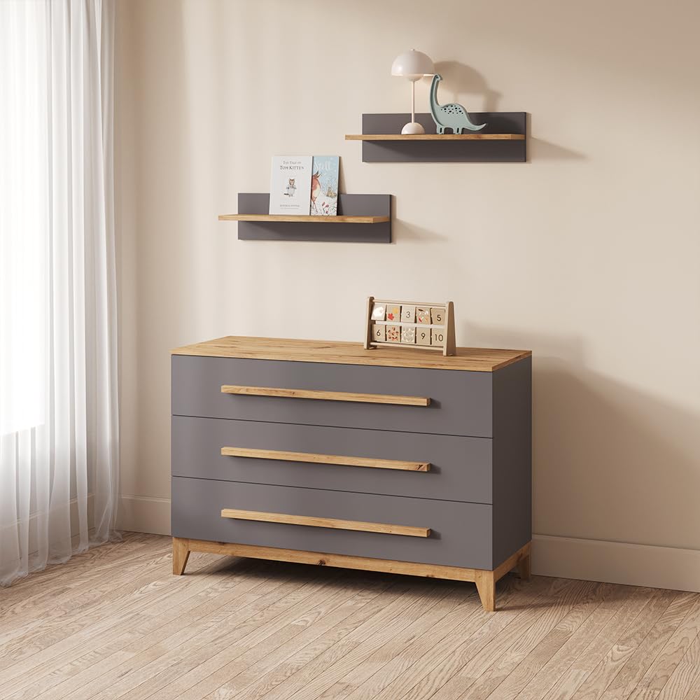 Livinity Commode à Langer Mailo, Gris/Artisan, XL avec 3 tiroirsorganisation Fonctionnelle pour Les Petits espaces