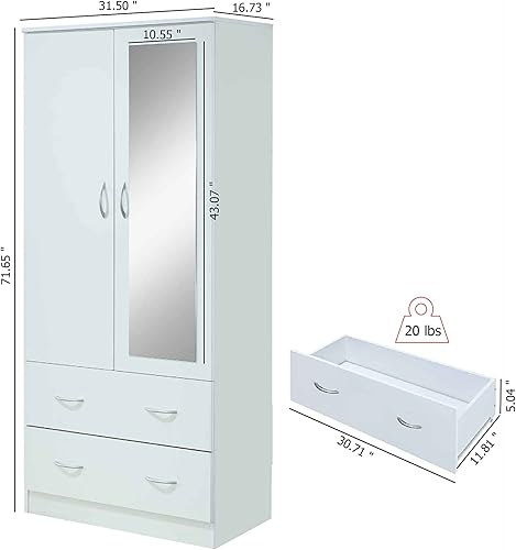Miniatura 3 de HODEDAH Armario de madera de 2 puertas con barra de ropa dentro del gabinete, 2 cajones para almacenamiento y espejo, color blanco
