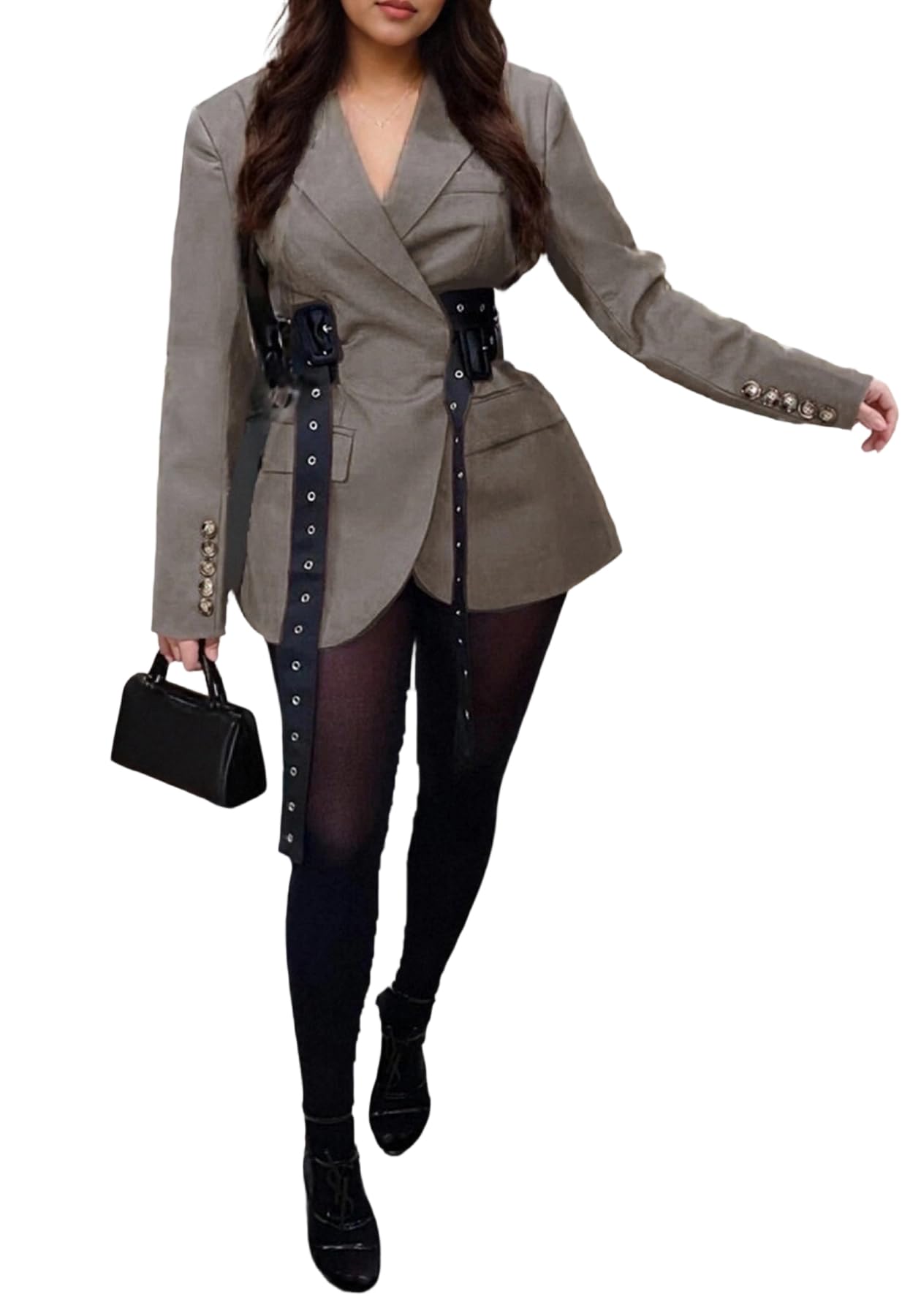 Womens Dressy Tops Business Casual Patchwork Open Front Blazers Long Sleeve Suit Jacket with Side-Tie