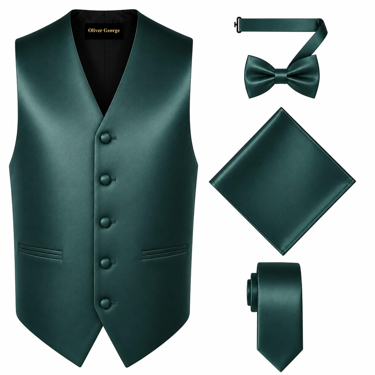 oliver george Men's 4pc Solid Formal Waistcoat Tuxedo Dress Vest Necktie BowTie Handkerchief Set For Suit or Tuxedo-picture-34