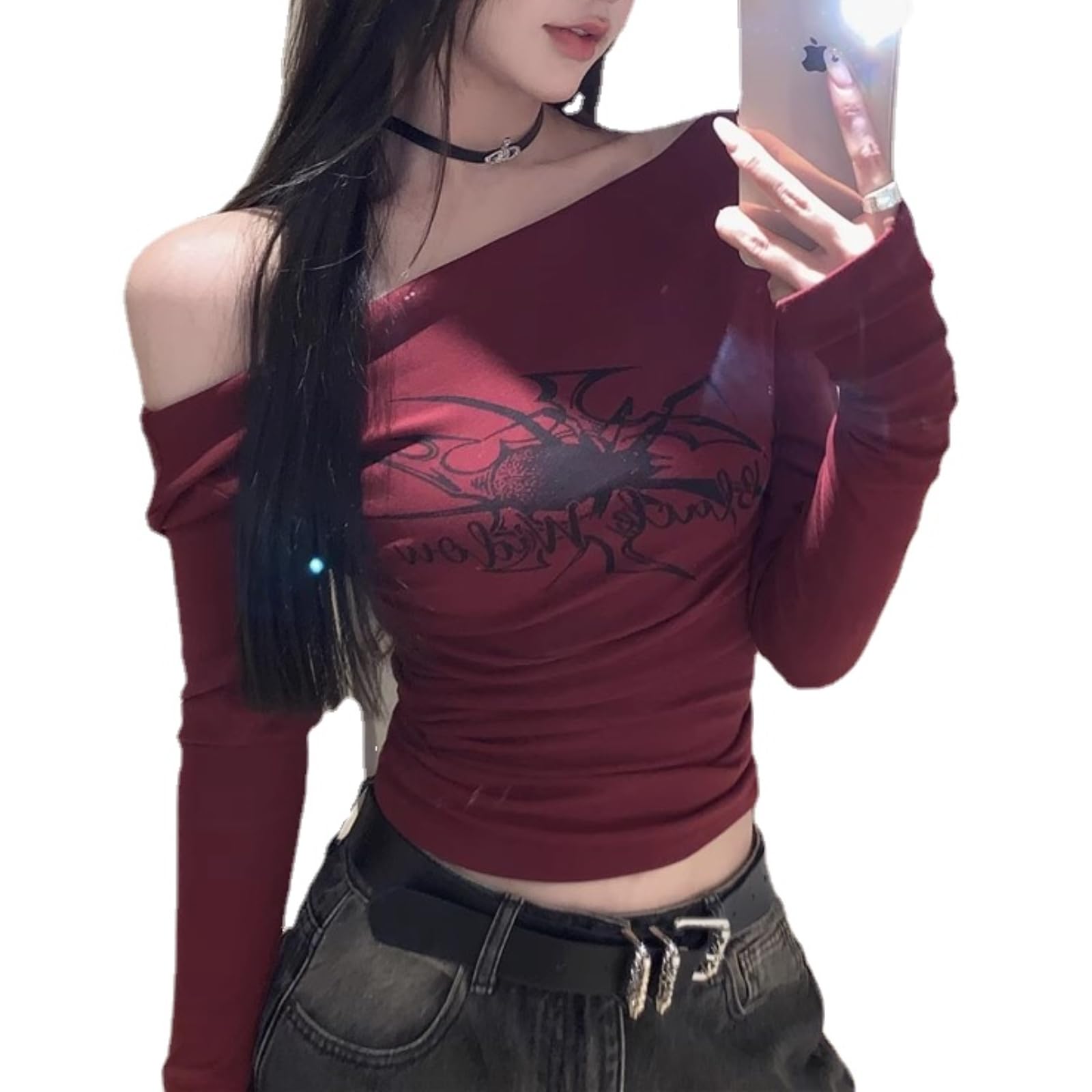 GGOOBY2k Tops Off The Shoulder Long Sleeve Top Emo Clothes Grunge Clothes Trashy Y2k Emo Tops Y2k Grunge