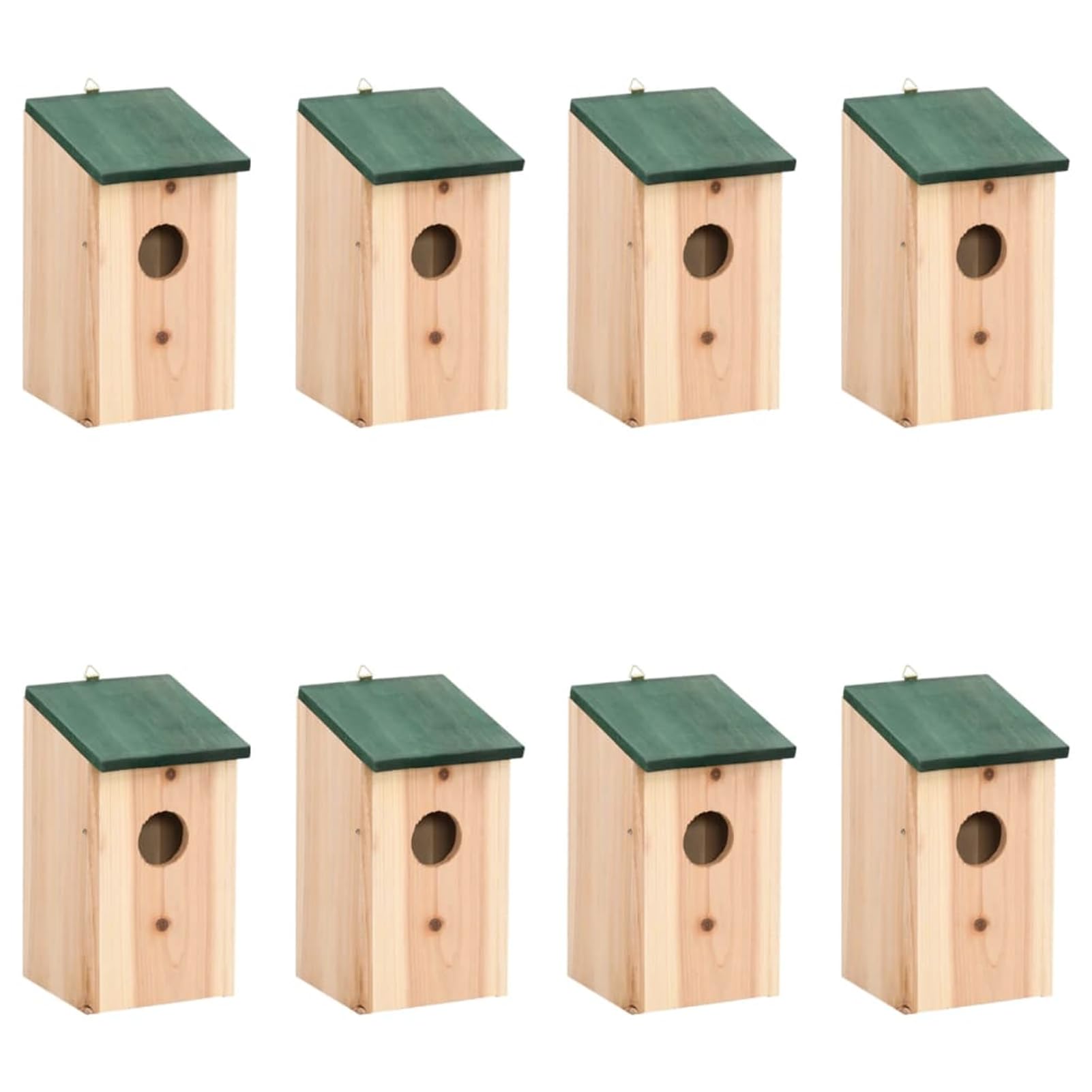 Set di 8 Casetta per Uccelli in Legno di Pino 12x12x22 cm, con Tetto Verde e Gancetto, Foro Ingresso 4 cm, Decorativa per Giardino, Rifugio per Uccelli