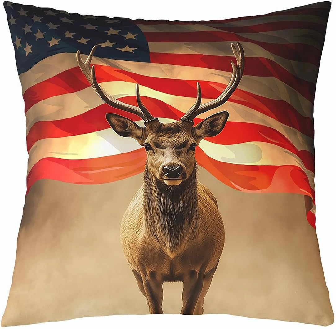 Feelyou Vintage Bear Throw Pillow Covers 16"x16" Set of 4 Soft for Kids Boys Girls Cabin Deer Hunting Decor Pillowcases Farmhouse Wolf Moose Wild Animal American Flag Cushion Case Bedroom Decor