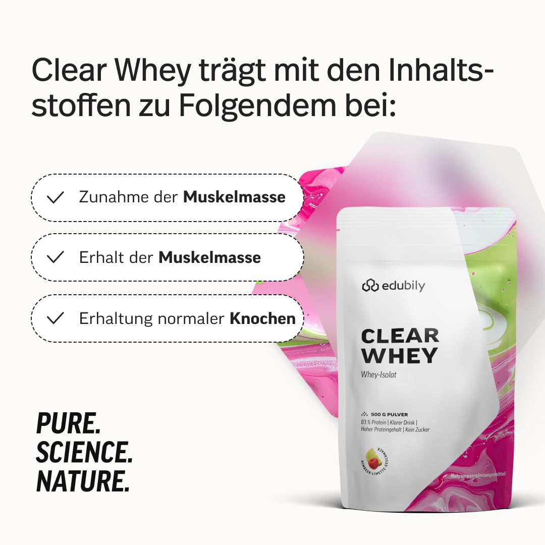 edubily® Clear Whey Isolat - Klarer Proteindrink - ca. 83% Proteingehalt - Laktosefrei - Fruchtige Geschmacksrichtungen (500 g, Himbeer-Limette)