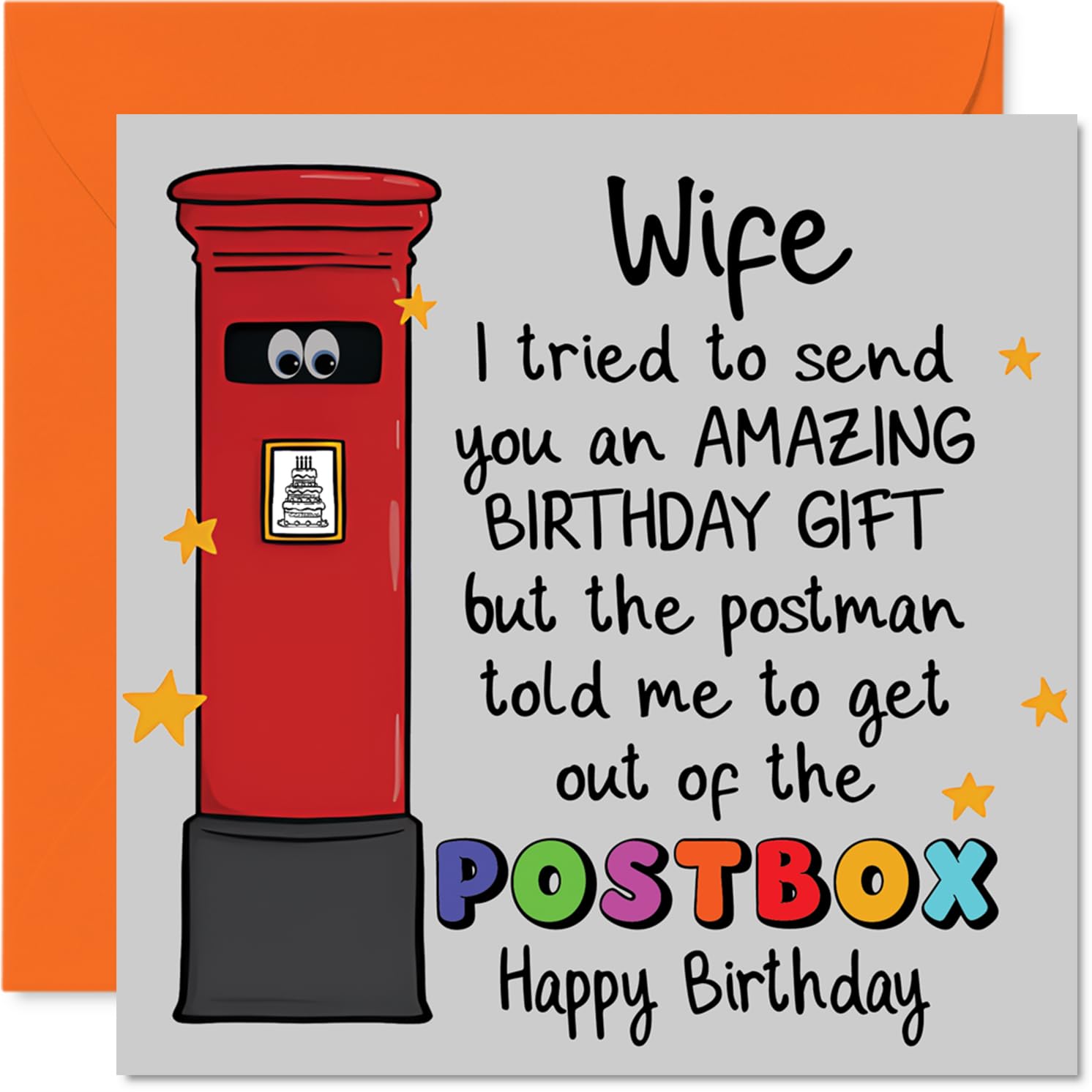 Funny Birthday Card for Wife - Outrageous Birthday Banter - Red Postbox with Googly Eyes and Sparkling Stars - 145mm Square, Envelope Included