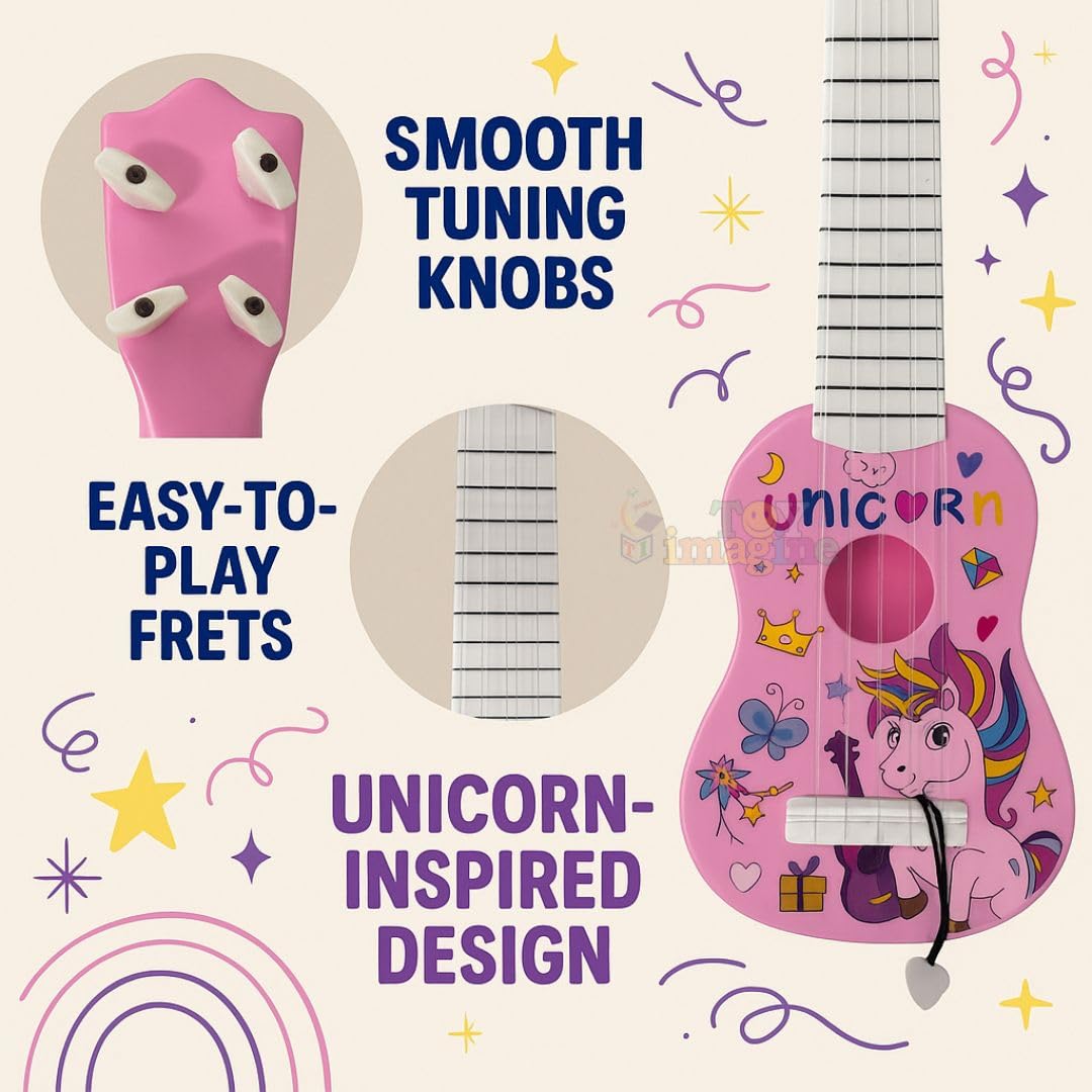 Toy Imagine™ Toy Guitar for Kids | 4 String Ukulele Guitar for Beginners | Musical Instrument Toy Gift for Boys Girls Age 3–10 |Toddlers & Children (17 Inch Unicorn Theme) - Image 5 thumbnail