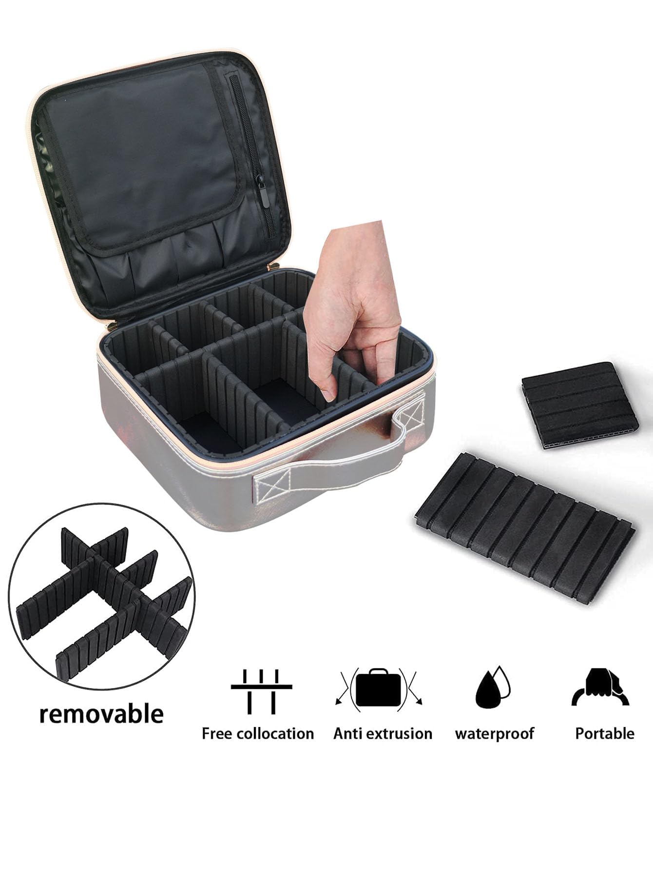 House of Quirk Makeup Cosmetic Storage Case with Adjustable Compartment (Shimmer Gold) 2