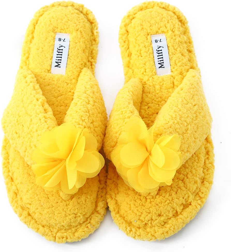 Millffy Plush Cozy Faux Shearling Thong Slide On Sherpa Womens Flip-Flops Slippers with Flowers - Image 3