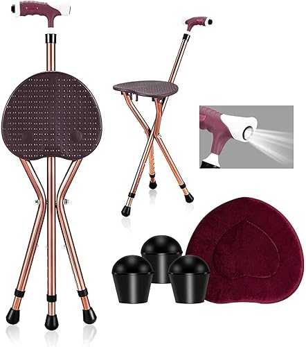 Bastón de caminar con asiento adjunto, resistente, capacidad de 350 libras, ajustable, silla portátil, plegable, color marrón